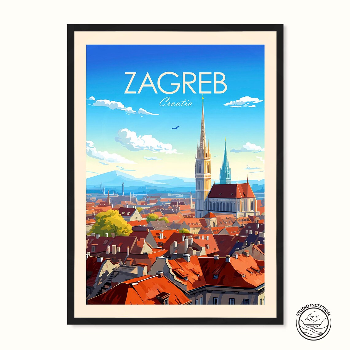 Zagreb Croatia Cathedral Old Town Rooftops Sunset Travel Poster
