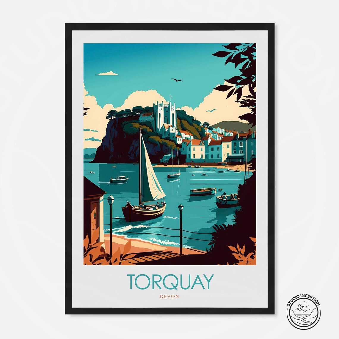 Torquay Devon Seaside Harbor Sailing Boats Vintage Travel Poster