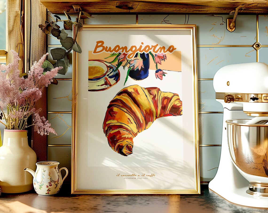 Buongiorno Italian Breakfast Croissant Coffee Kitchen Wall Poster