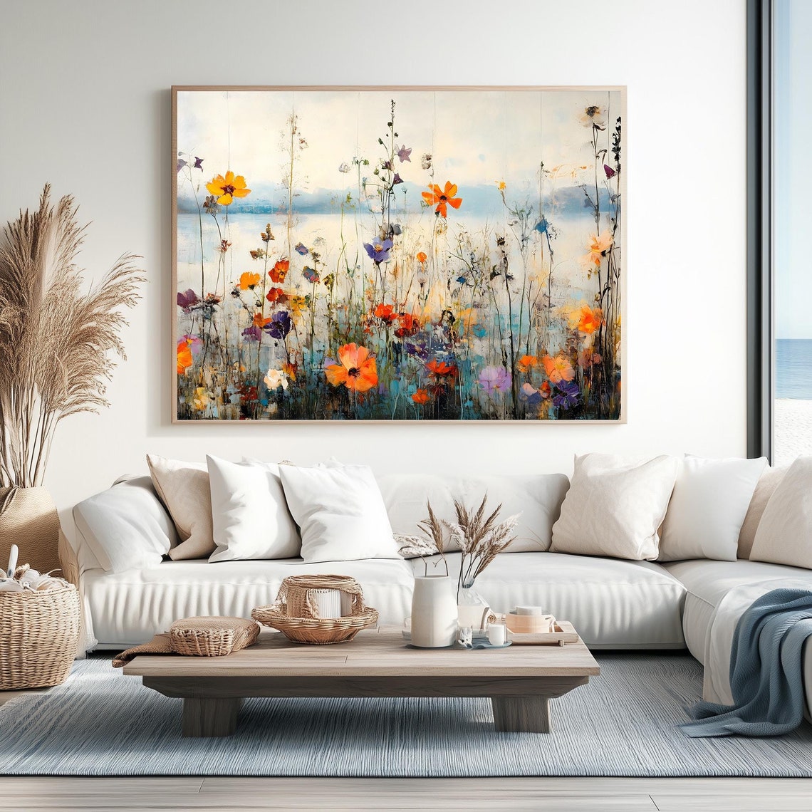Wildflower Meadow Painting Colorful Tall Blooms Soft Sky Art Print