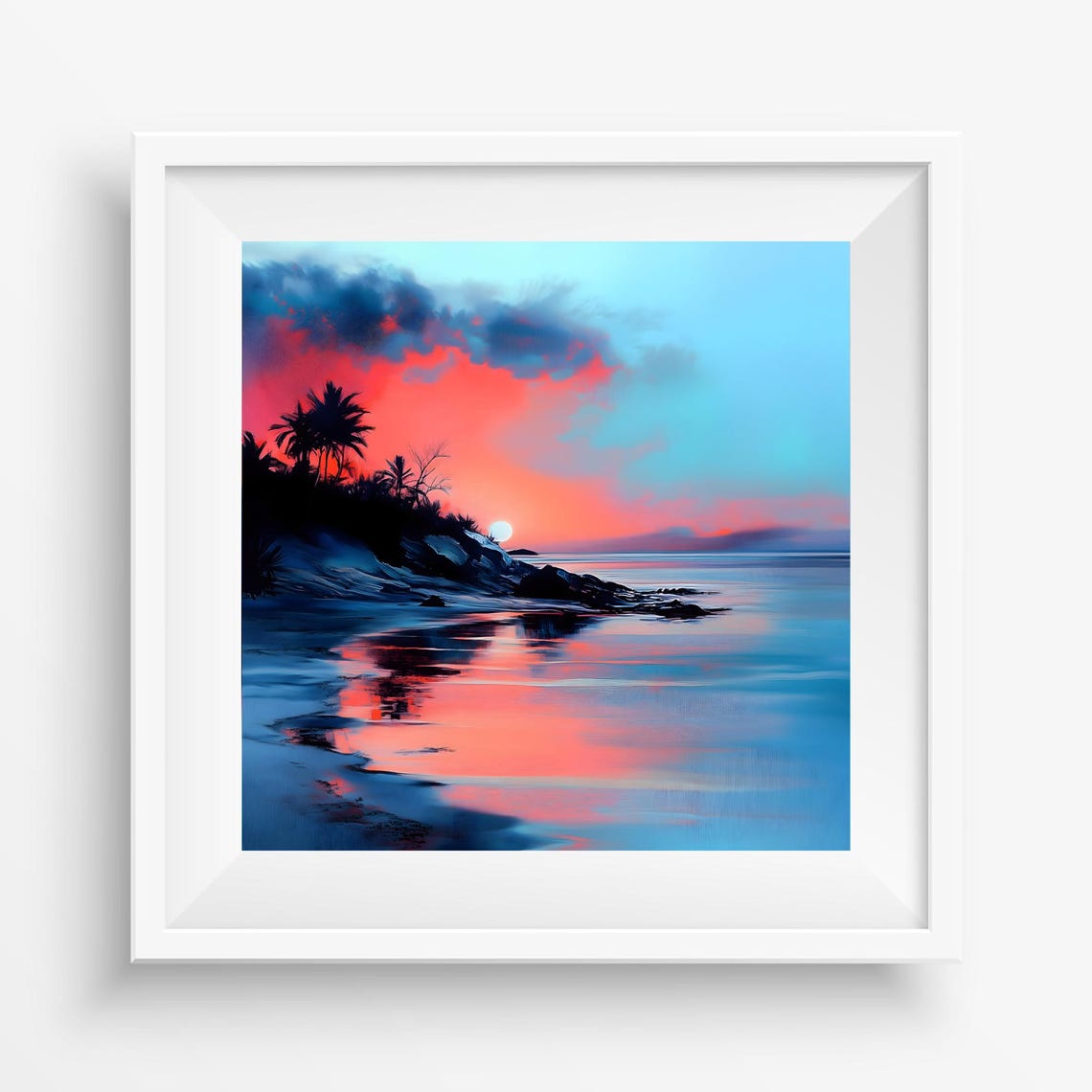 Tropical Beach Sunset Palm Silhouette Ocean Reflection Travel Poster