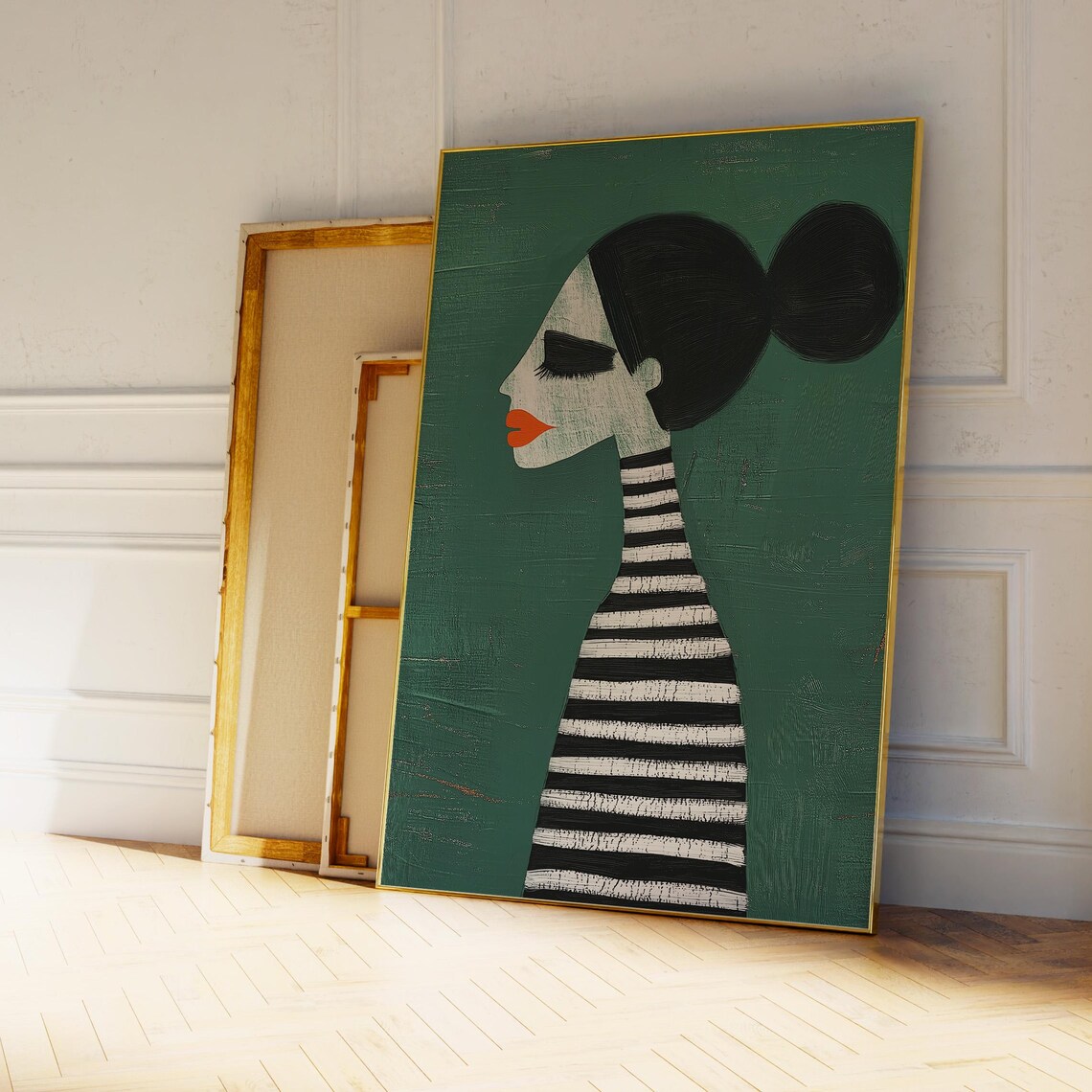 Woman Profile in Striped Dress Dark Green Abstract Art Poster - Image 4