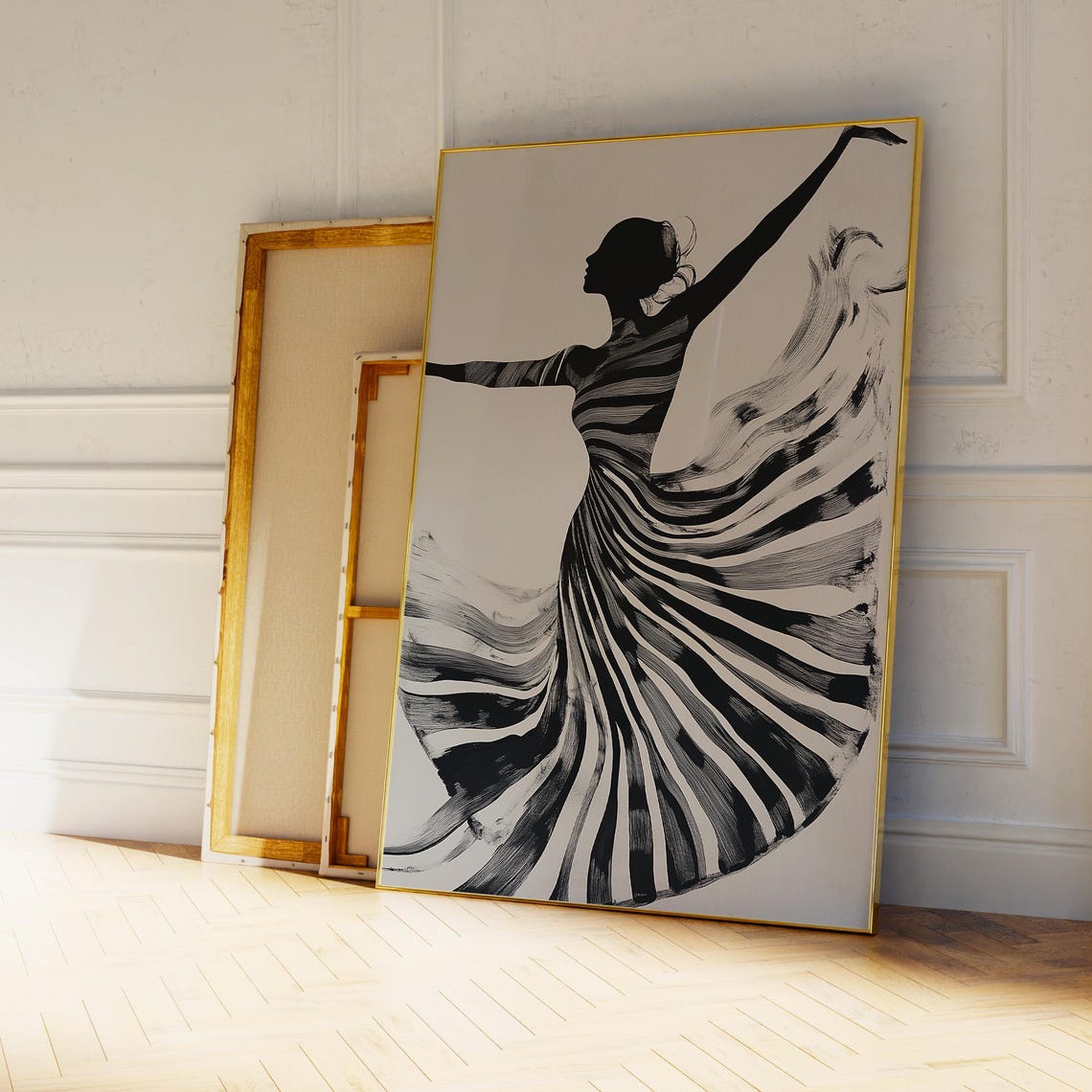 Modern Dance Art Black And White Striped Dress Line Art Ballerina Elegant Minimalist Wall Decor Monochrome Artwork - Image 4