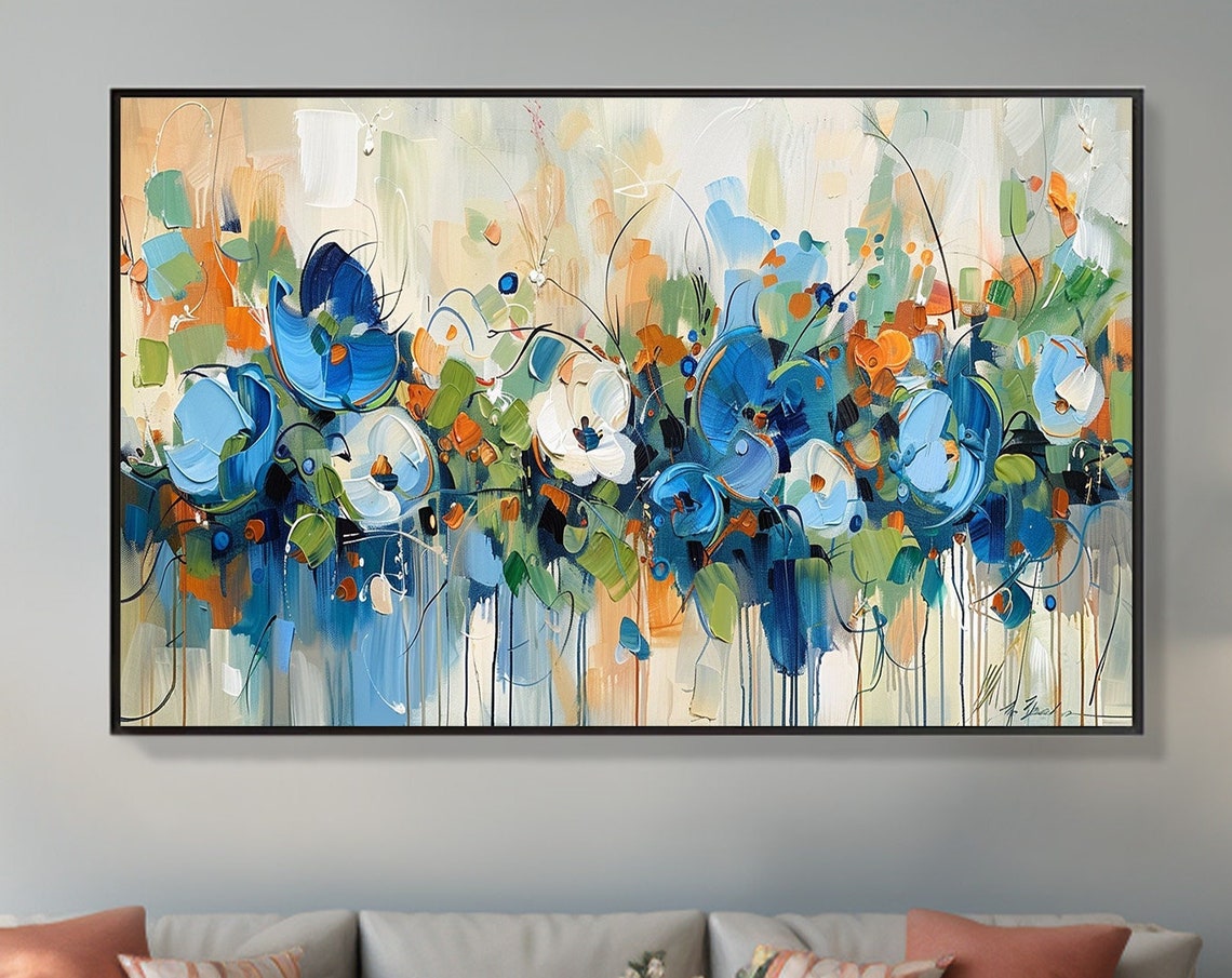 Blue Floral Blooms Orange Accents Loose Abstract Painting Poster