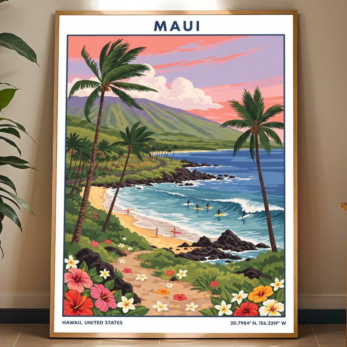 Maui Hawaii Beach Palms Surfers Vintage Style Island Travel Poster