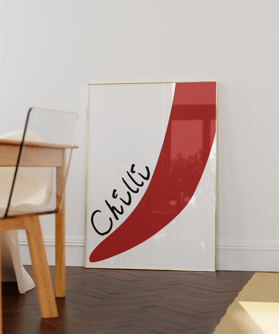 Abstract Spicy Red Chilli Pepper Print Minimalist Kitchen Wall Art Trendy Food Illustration
