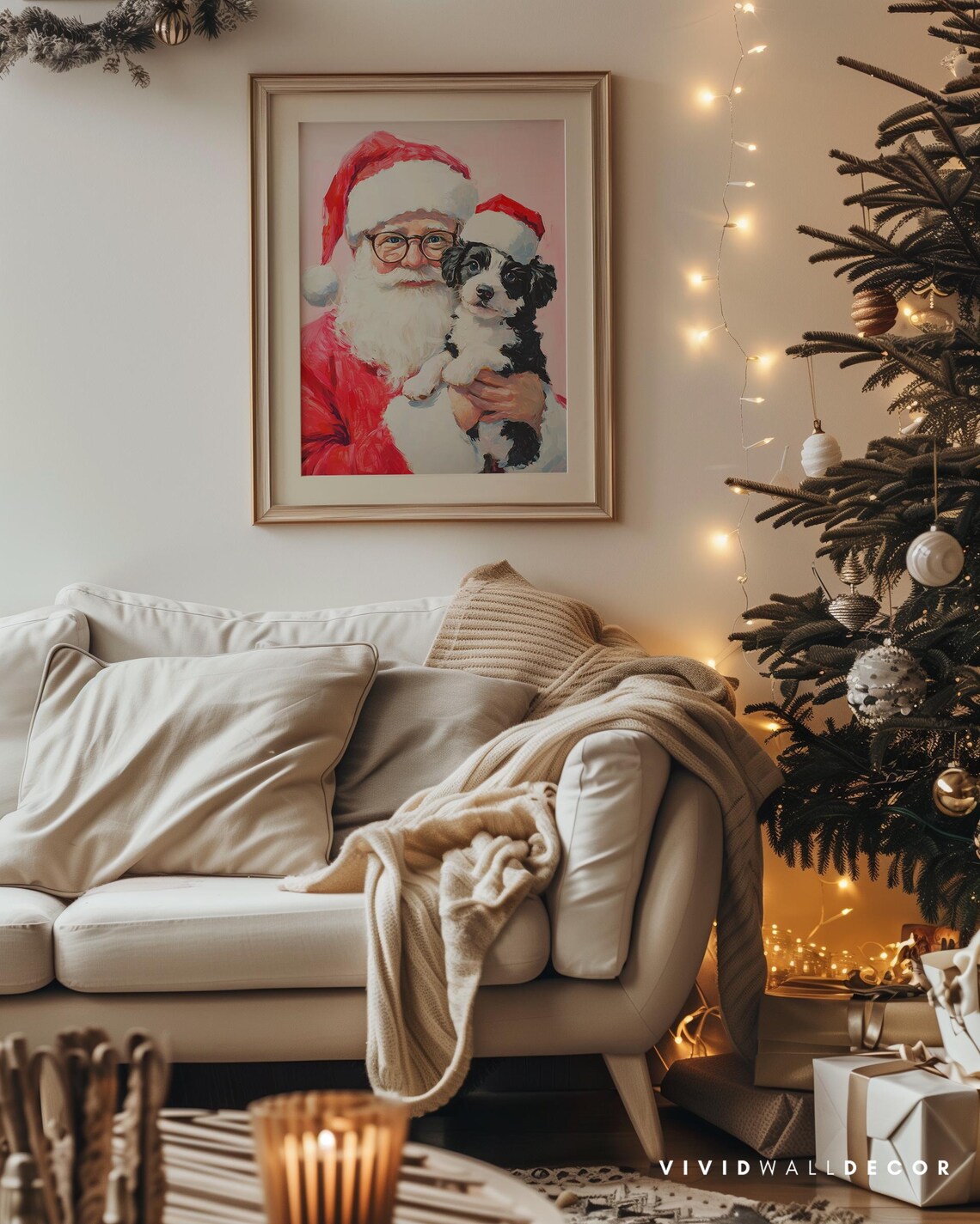 Santa With Puppy in Santa Hats Art Poster Pink Christmas Wall Decor - Image 4