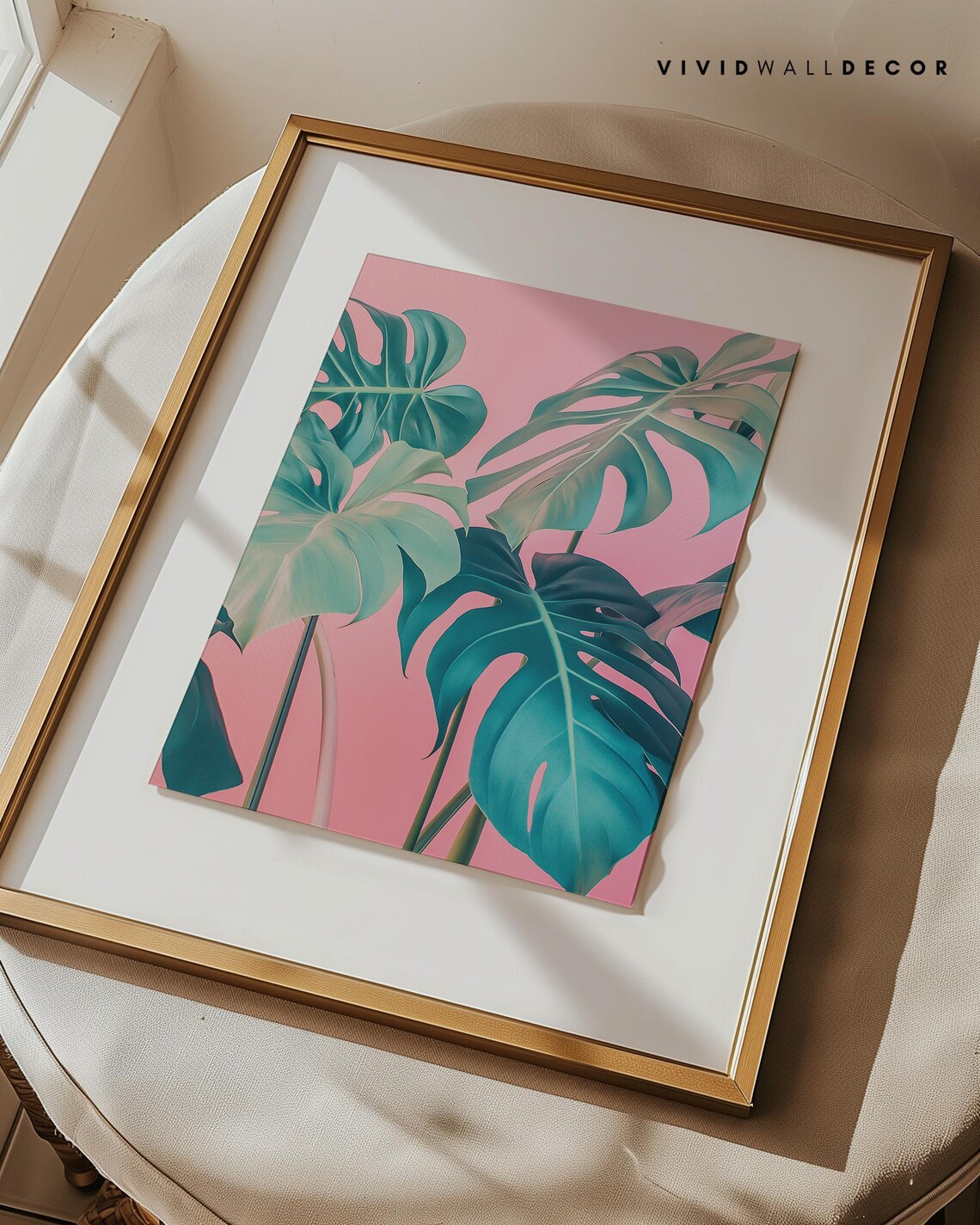 Monstera Leaves on Pink Background Art Poster Tropical Botanical Decor - Image 3