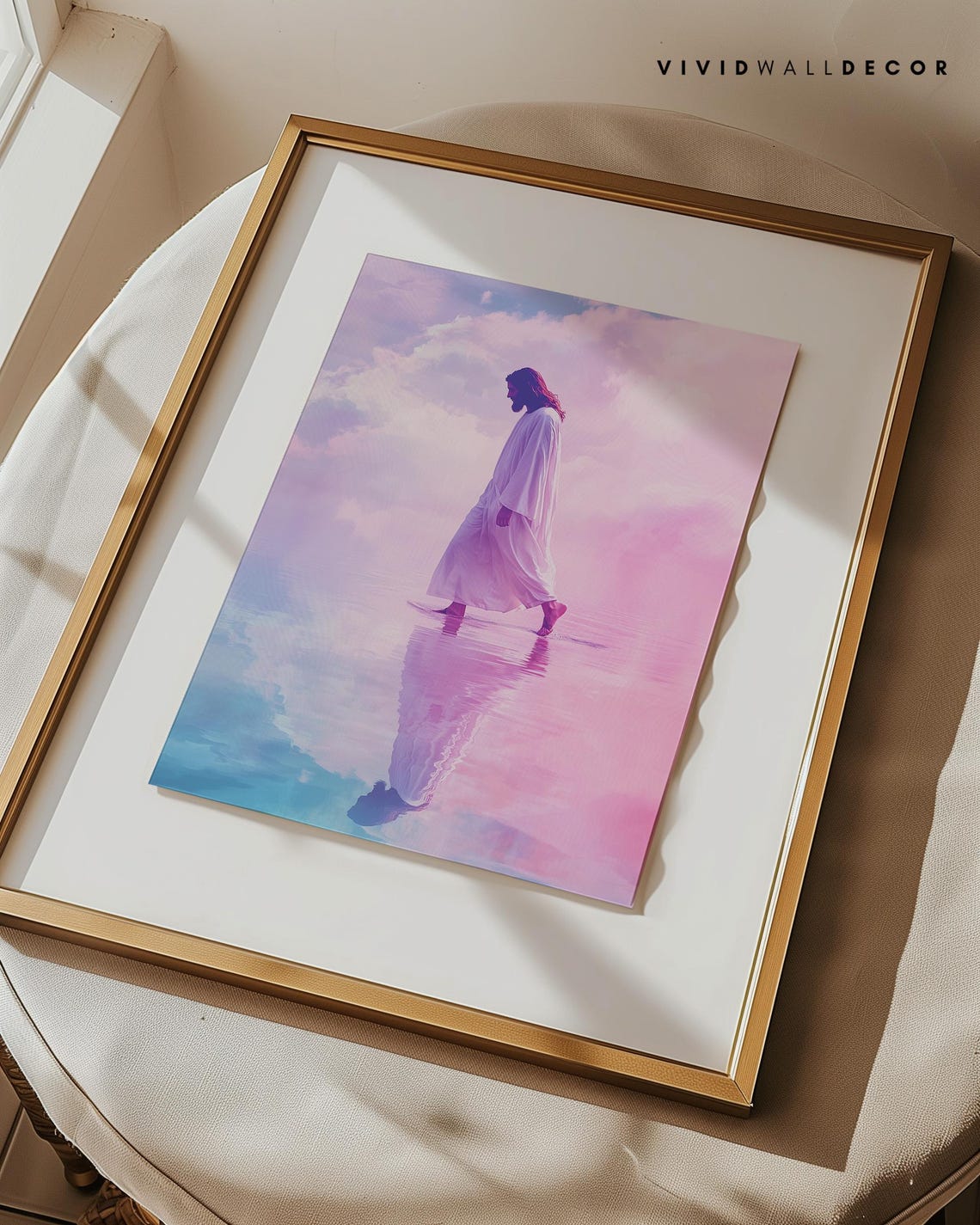 Jesus Walking on Water Beneath Pink and Purple Light Art Poster - Image 3