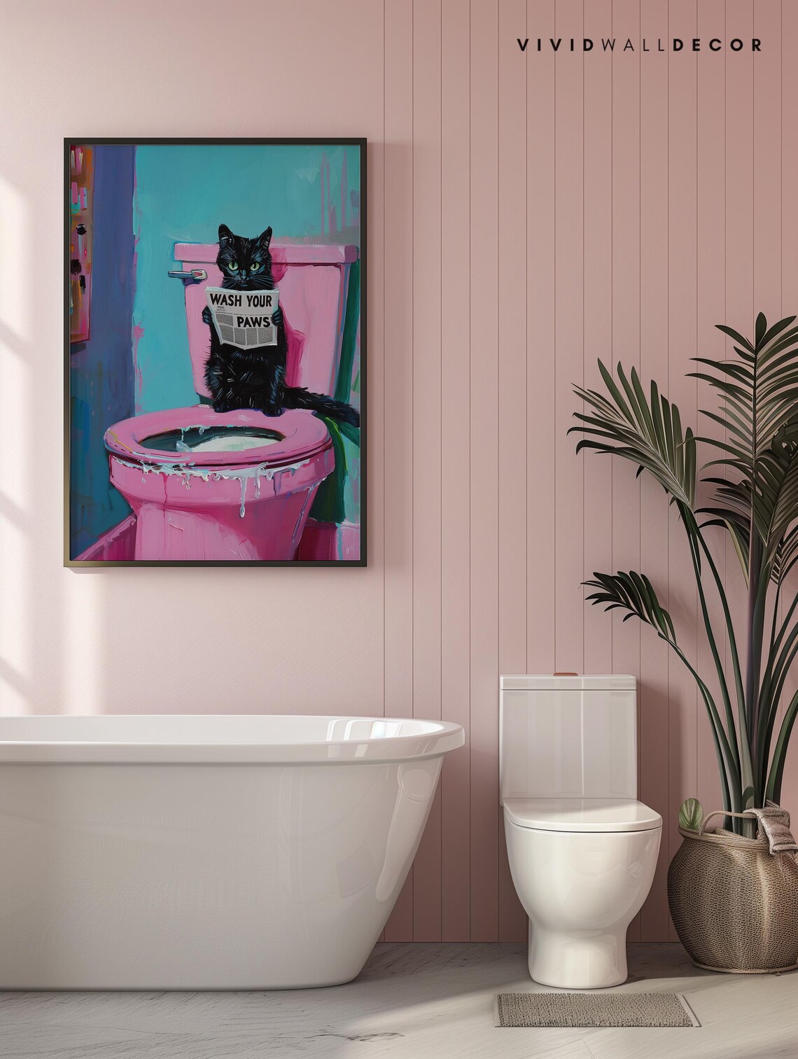 Black Cat on Pink Toilet, Quirky Bathroom Art Print - Image 4
