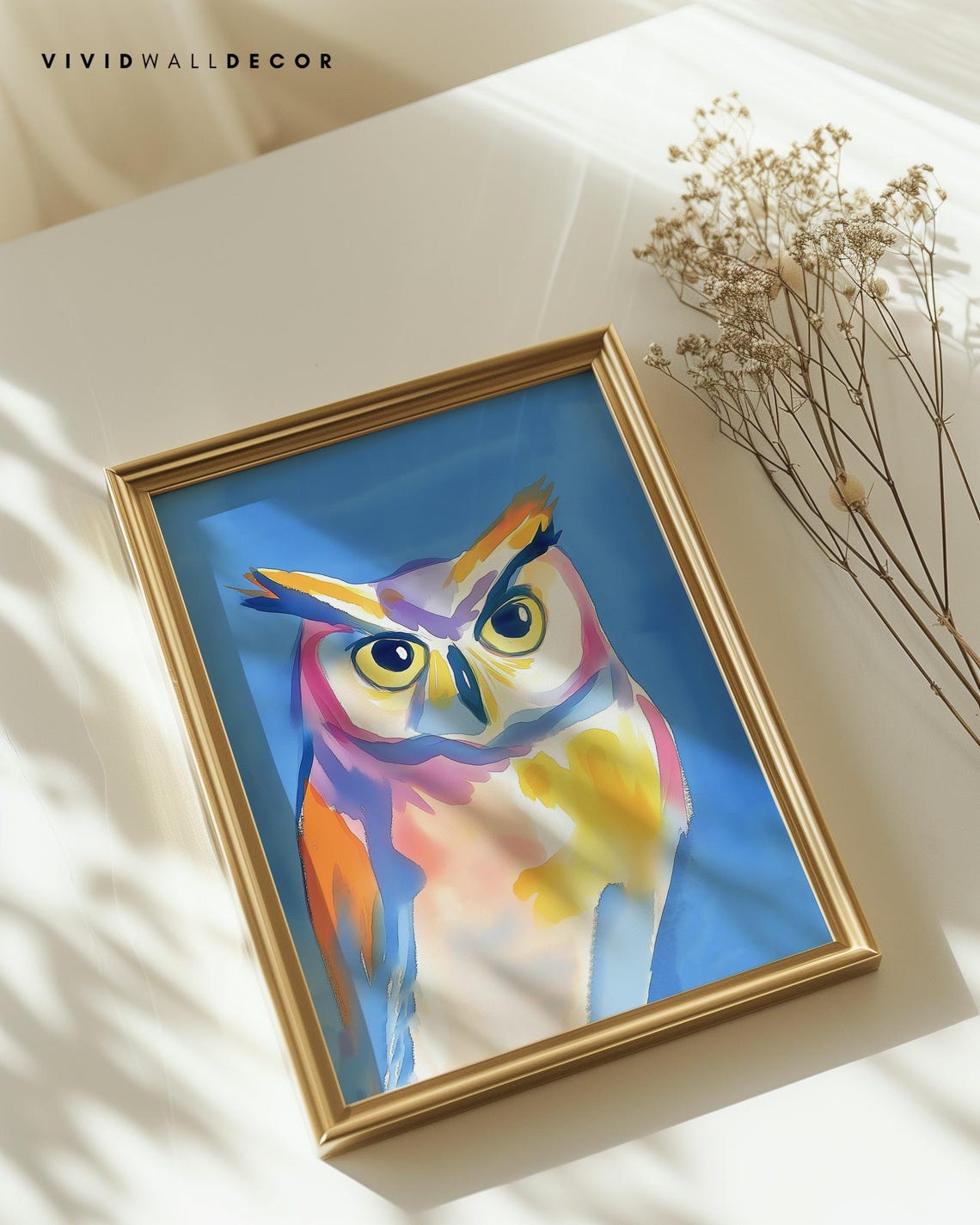Colorful Owl Watercolor Art Poster on Bold Blue Background Wall Decor - Image 2