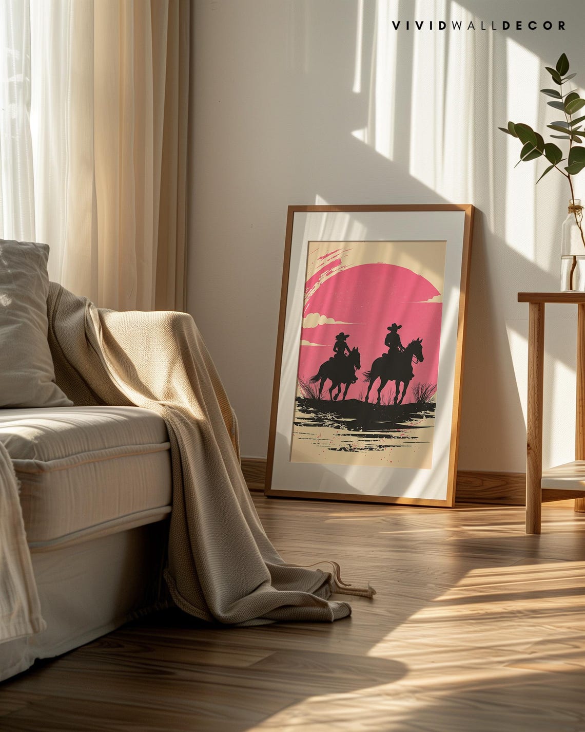 Cowboy Horseback Riders Pink Sunset Silhouette Western Poster - Image 2