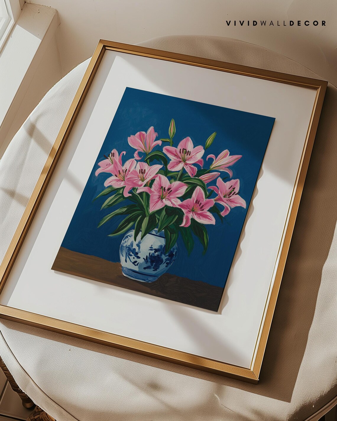 Blush Pink Lilies in Blue Porcelain Vase Art Poster Floral Wall Decor - Image 3