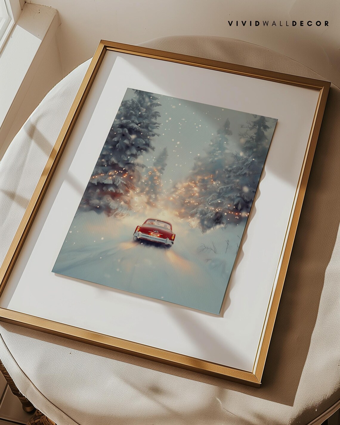 Red Vintage Car Driving Through Snowy Christmas Forest Poster - Image 3