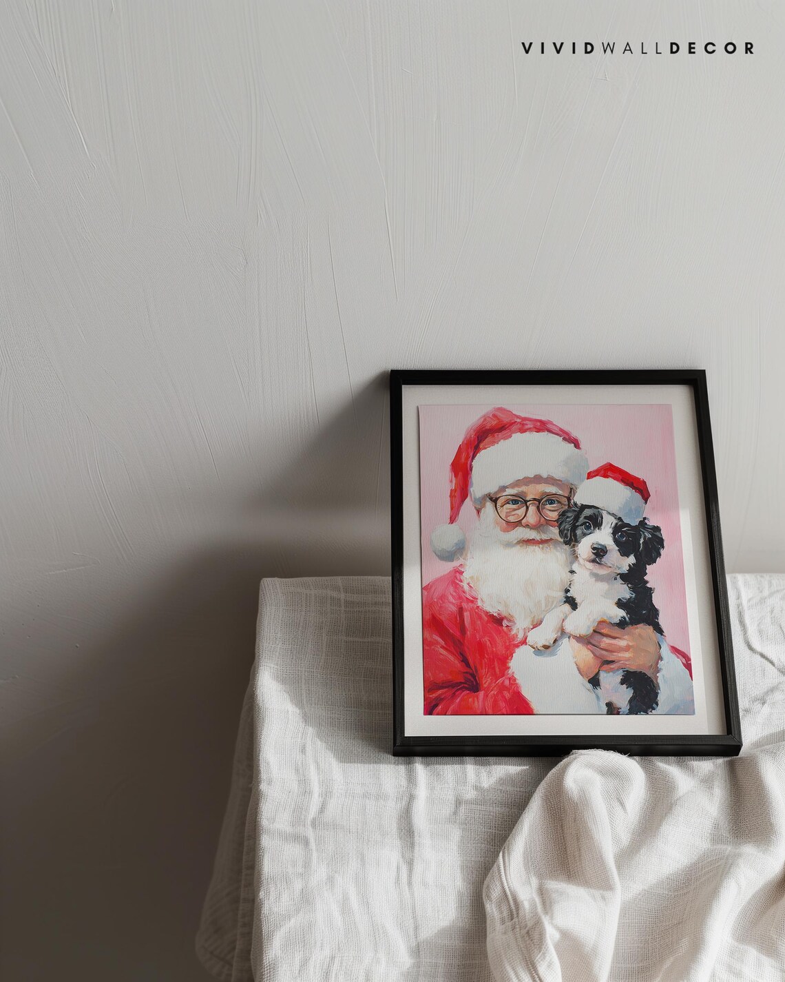 Santa With Puppy in Santa Hats Art Poster Pink Christmas Wall Decor - Image 2