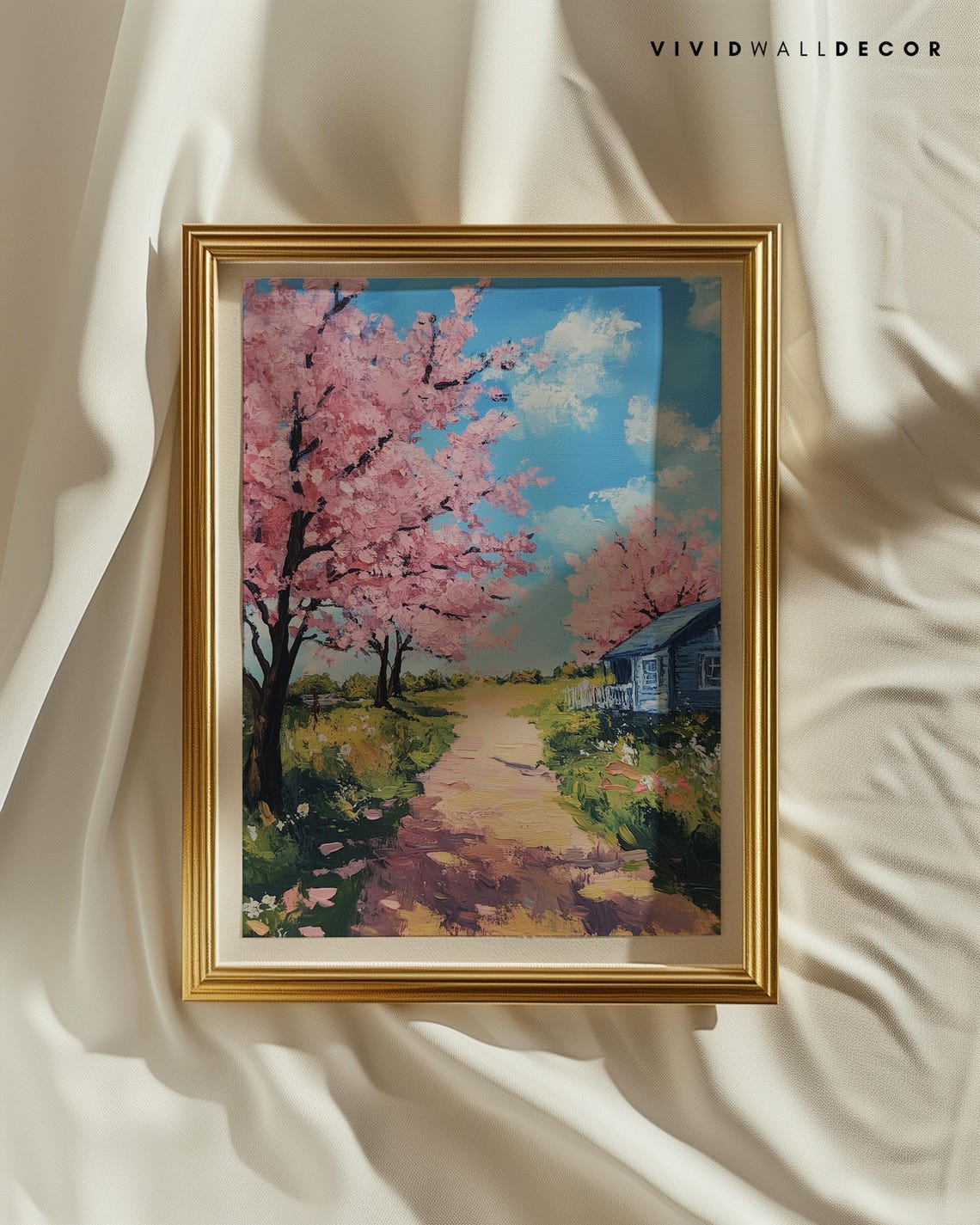 Cherry Blossom Path to Blue Cottage Spring Countryside Poster - Image 2