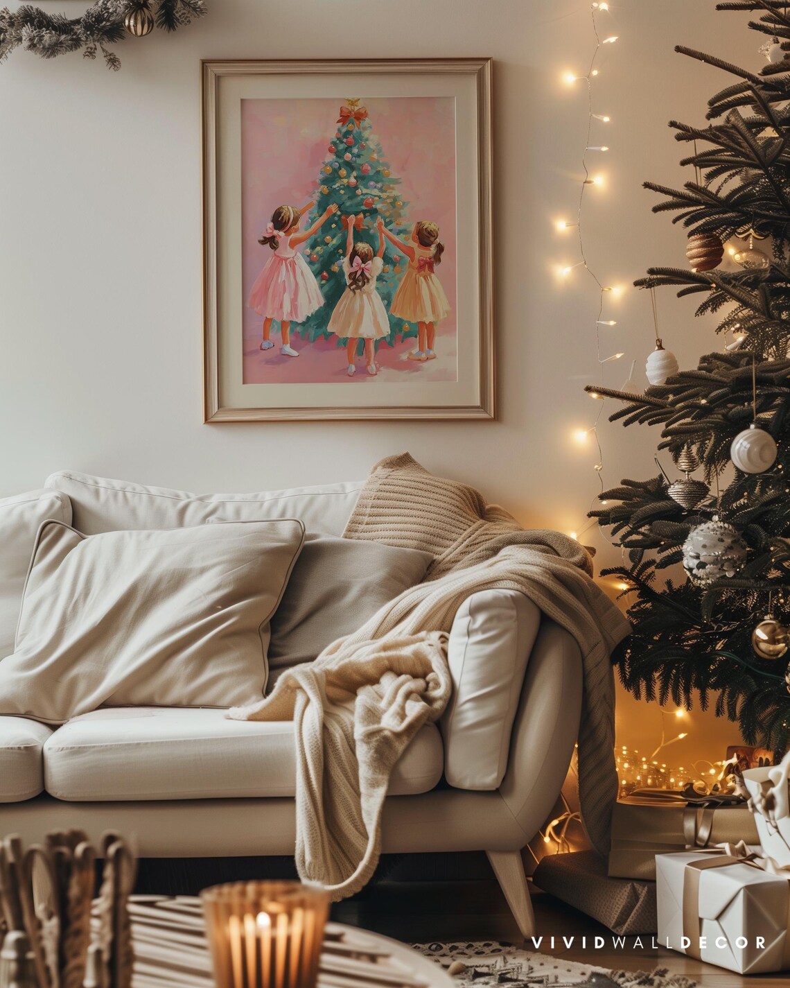Three Little Girls Decorating Christmas Tree Pink Art Poster - Image 4