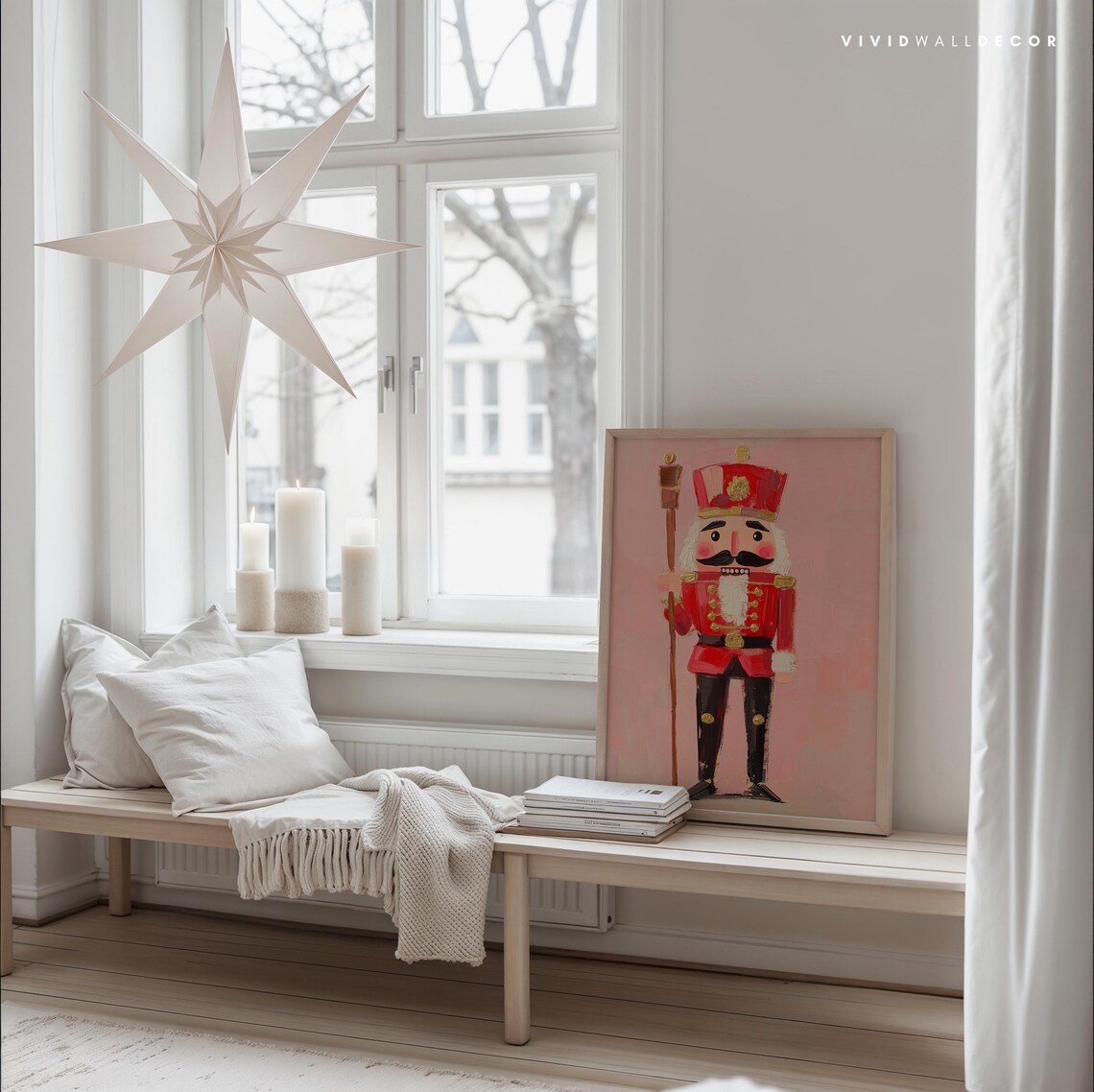 Red Nutcracker Soldier With Wooden Staff On Pink Folk Art Poster - Image 3