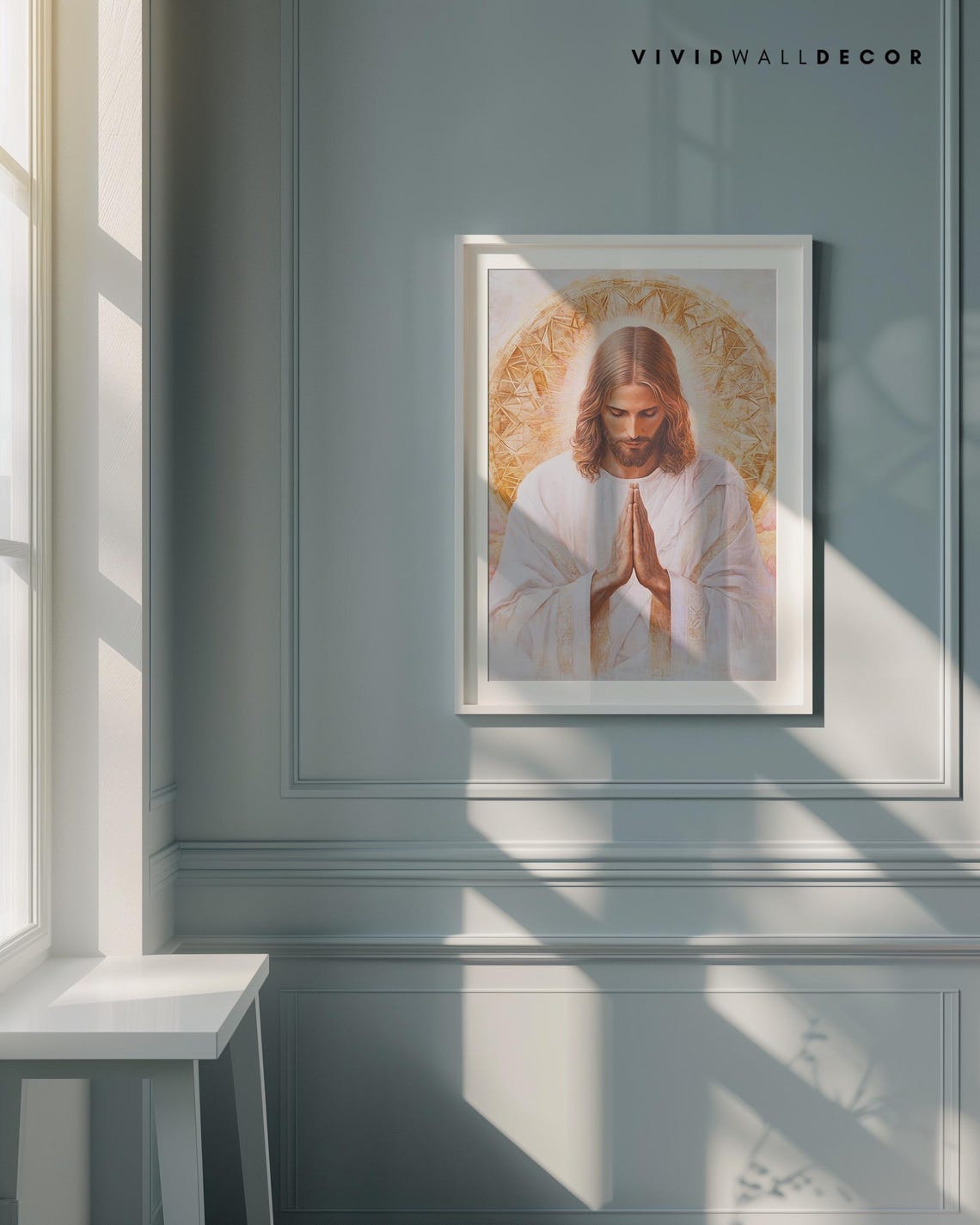 Jesus in Prayer Before a Golden Sacred Geometry Halo Art Poster - Image 4