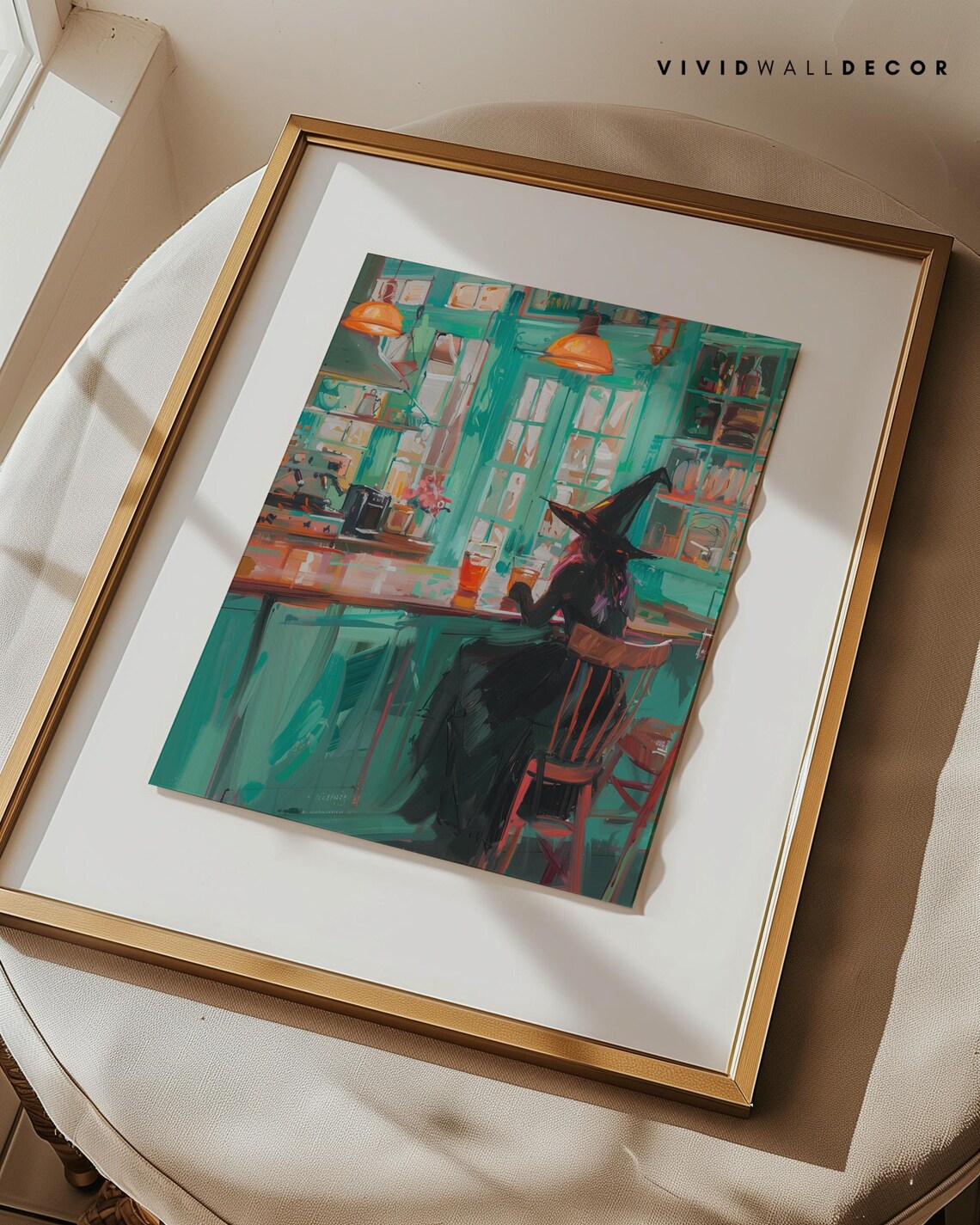 Witch Sipping Coffee At A Teal Cafe Counter Cozy Halloween Kitchen Art Poster - Image 3