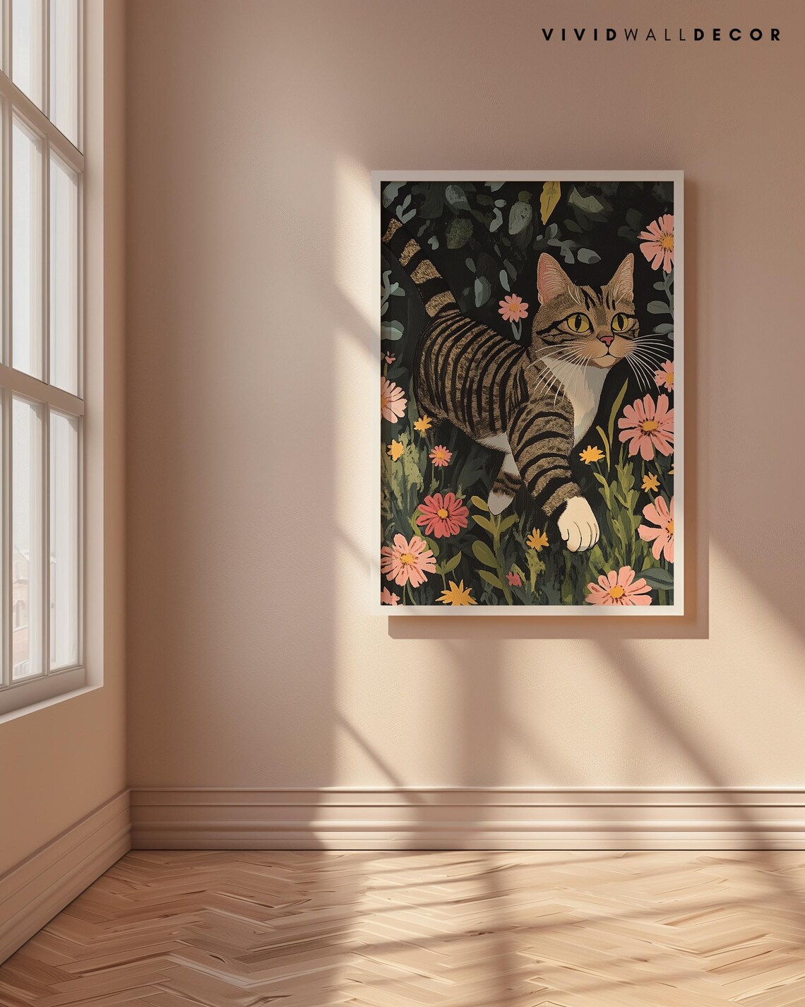 Wide-Eyed Tabby Cat Prowling Among Flowers Botanical Art Poster - Image 4