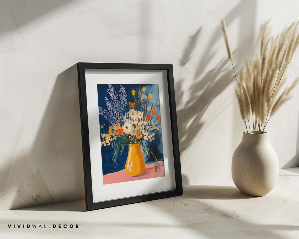 Wildflower Bouquet Yellow Vase Navy Background Floral Poster - Image 3