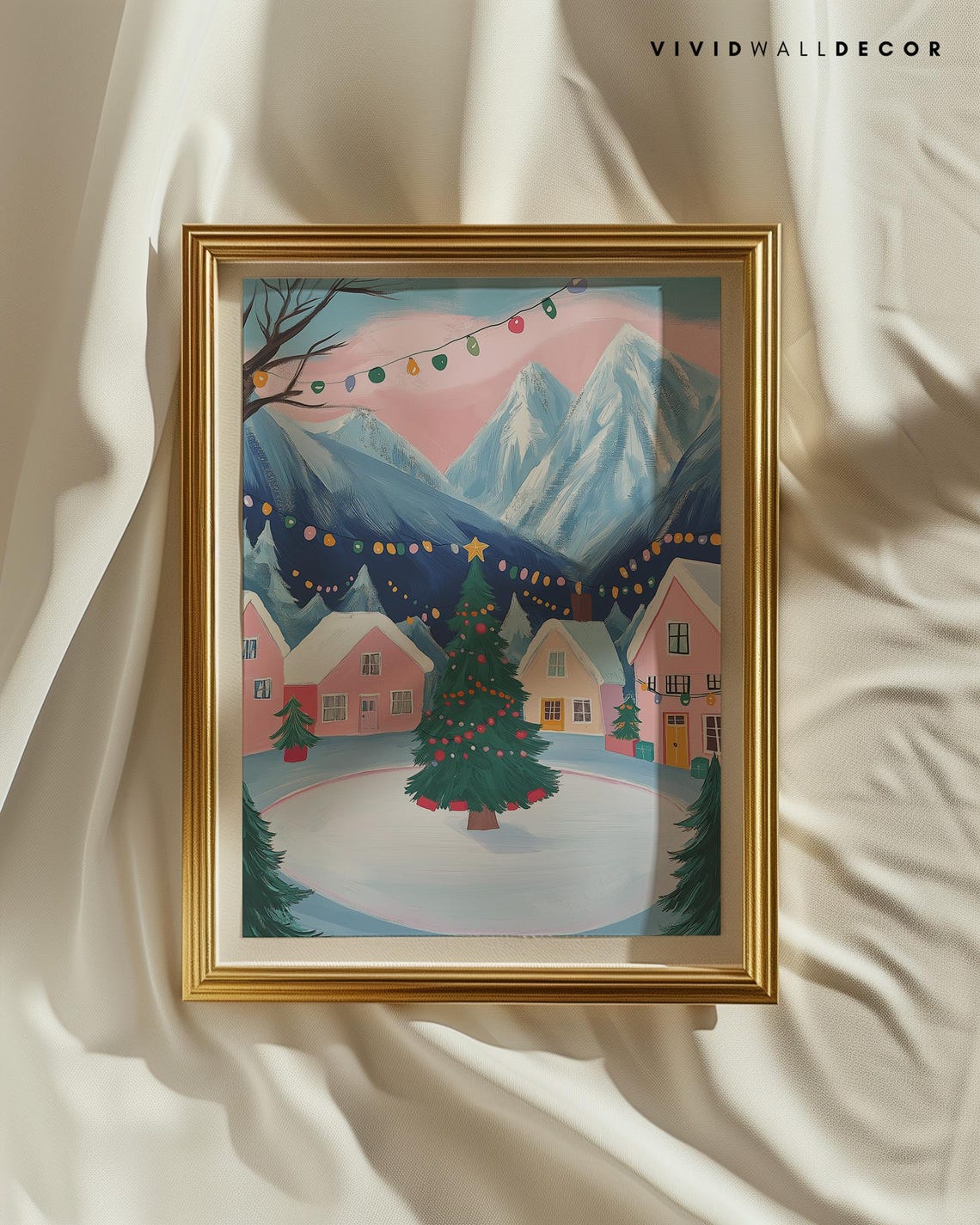Pretty Pink Mountain Village Christmas Tree Scene At Night Poster - Image 2