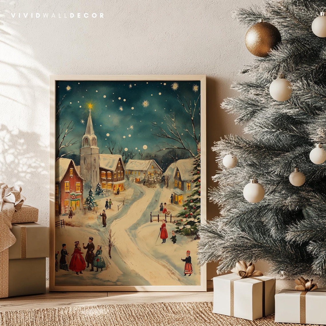 Vintage Snowy Christmas Town With Villagers And Church At Night Poster - Image 4