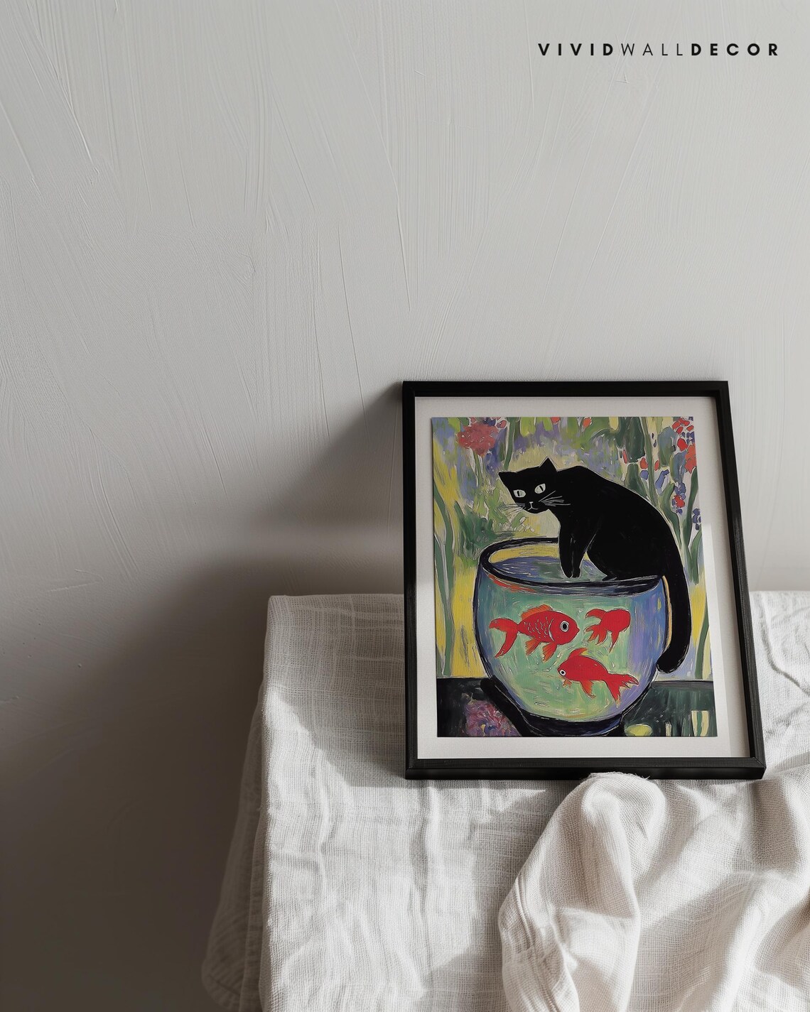 Black Cat Eyeing Red Goldfish Bowl Playful Colorful Art Poster - Image 3