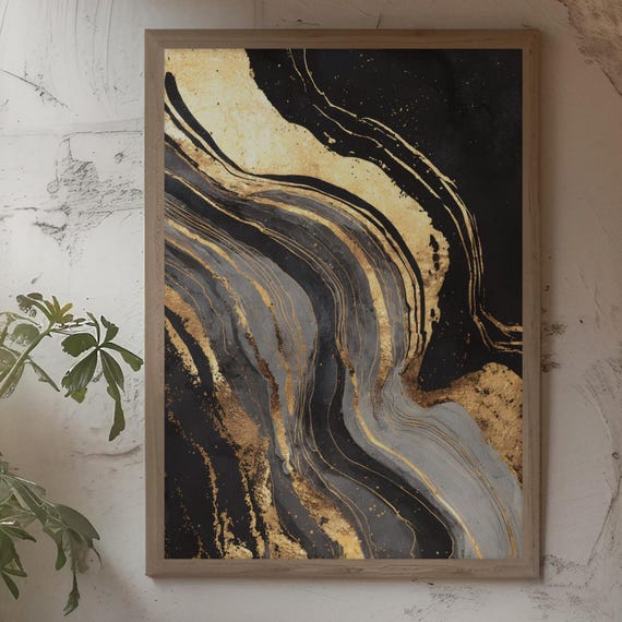 Golden Waves Abstract Art Black Marble Print Modern Home Decor