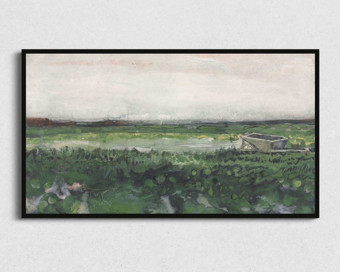 Vintage Landscape Pond Art Print, Field of Green