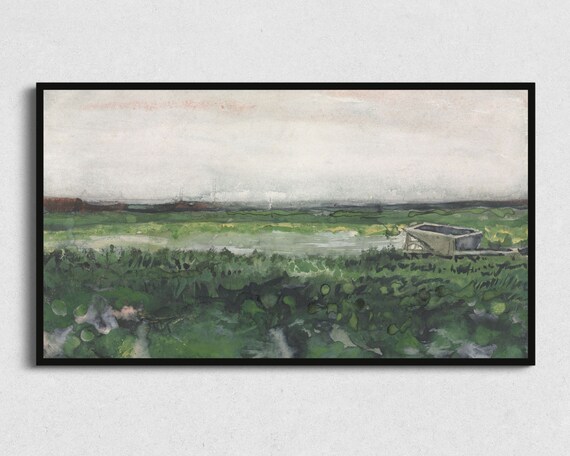 Vintage Landscape Pond Art Print, Field of Green