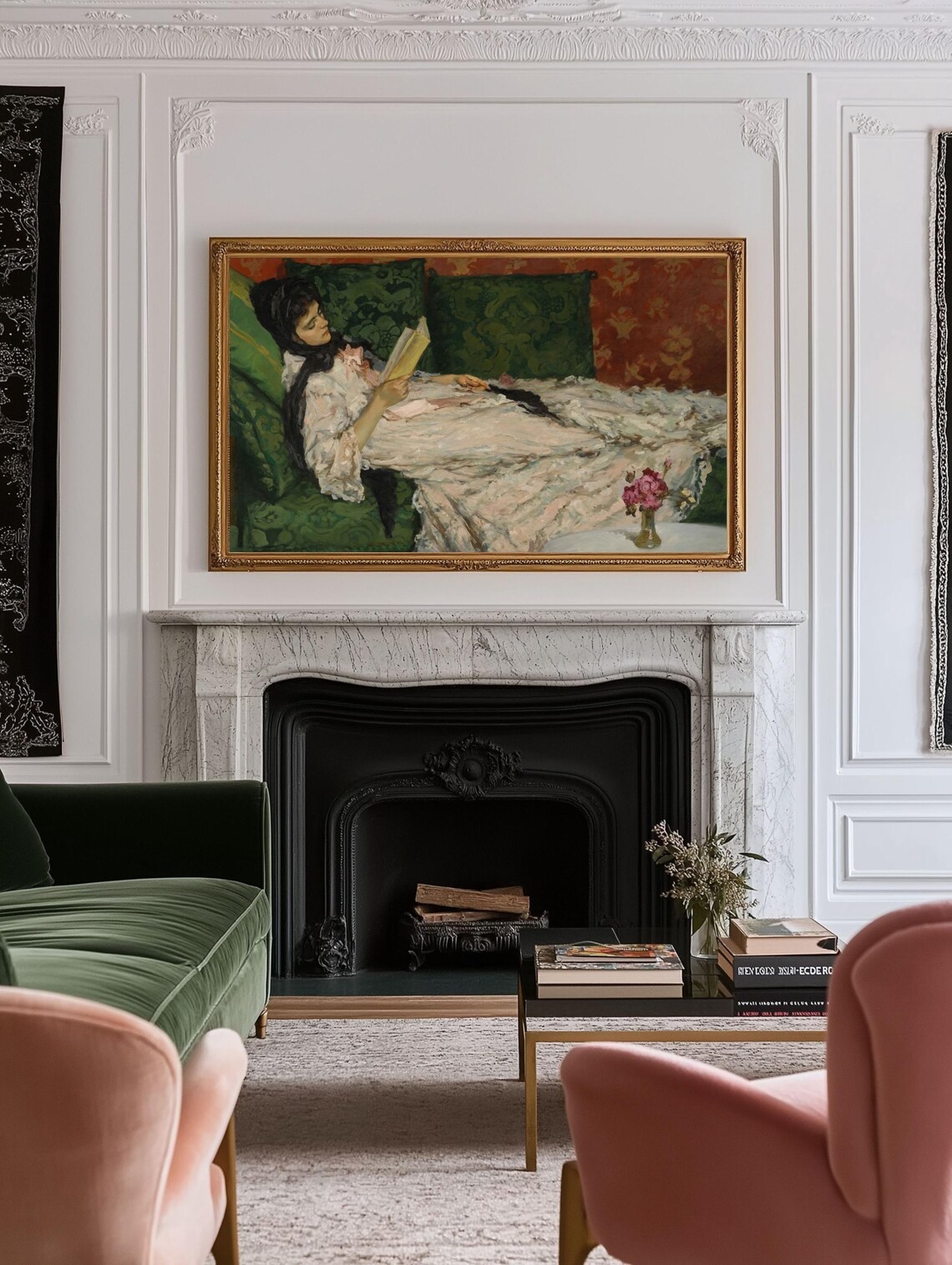 Woman Reading Book On Green Velvet Sofa Vintage Painting Art Print - Image 5