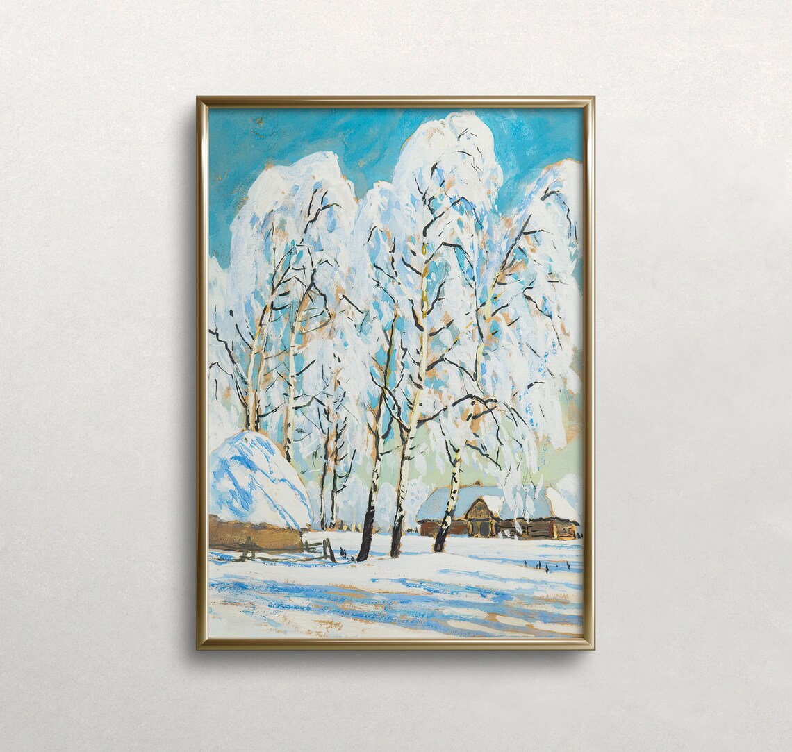 Snow Laden Birch Trees Blue Sky Winter Woodland Oil Painting Poster - Image 3