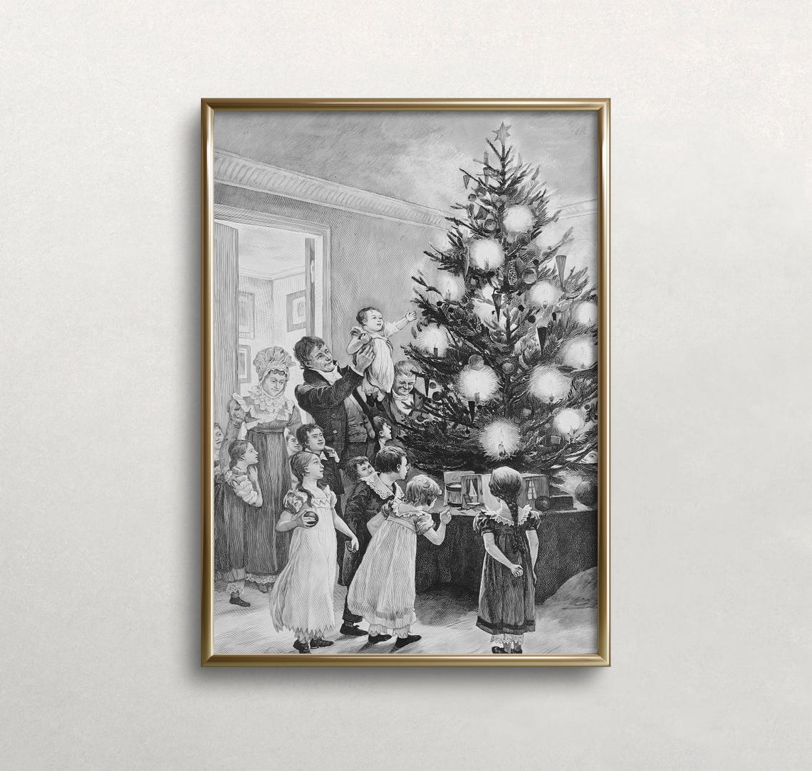 Victorian Family Around Christmas Tree Vintage Engraving Poster
