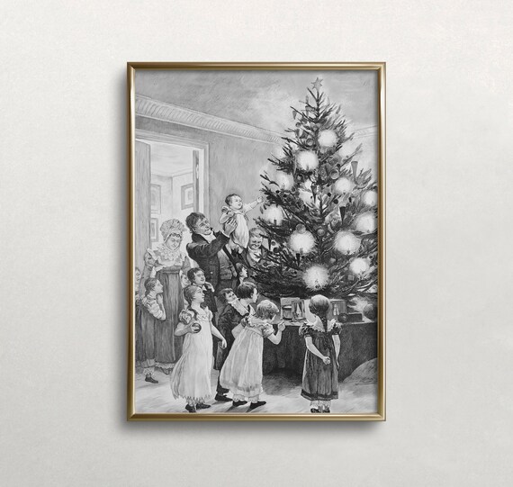Victorian Family Around Christmas Tree Vintage Engraving Poster