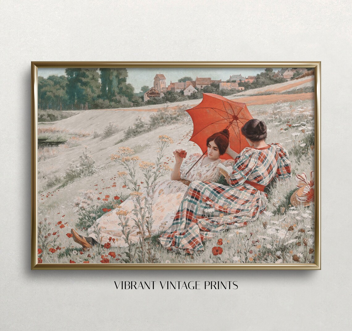 Two Women with Red Parasol in Wildflower Meadow Vintage Painting Poster