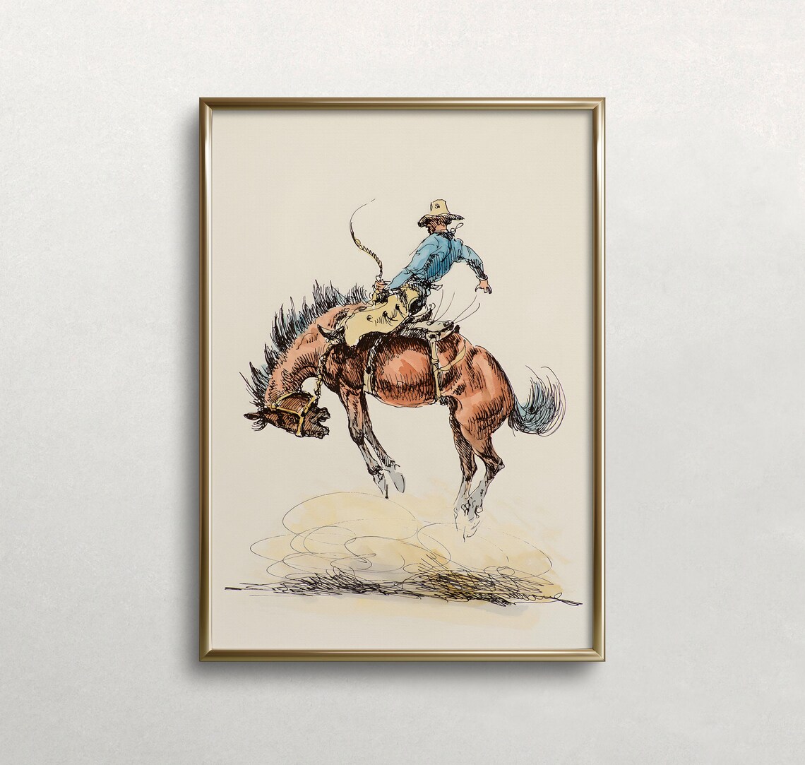 Cowboy Riding Bucking Bronco Vintage Western Rodeo Sketch Art Poster