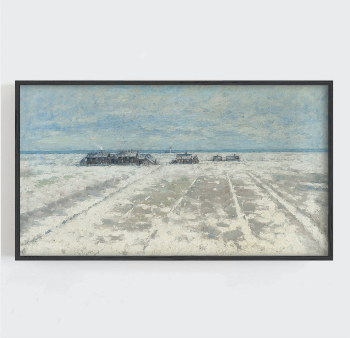 Winter Snow Landscape Frozen Field Cabins Muted Neutral Style Print - Image 2