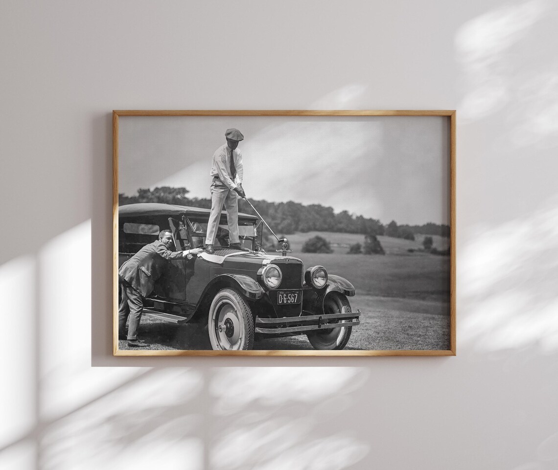Vintage Golfer Teeing Off On Top Of Classic Car Funny Sports Print - Image 3