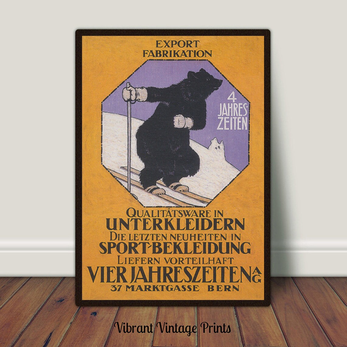 Vintage Black Bear Skier Ski Art Poster Print