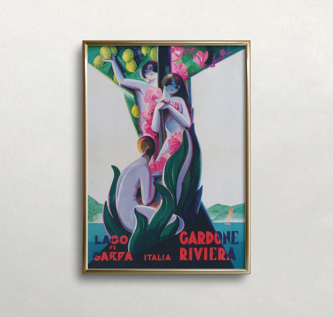 Lake Garda Gardone Riviera Italy Art Deco Women Vintage Travel Poster