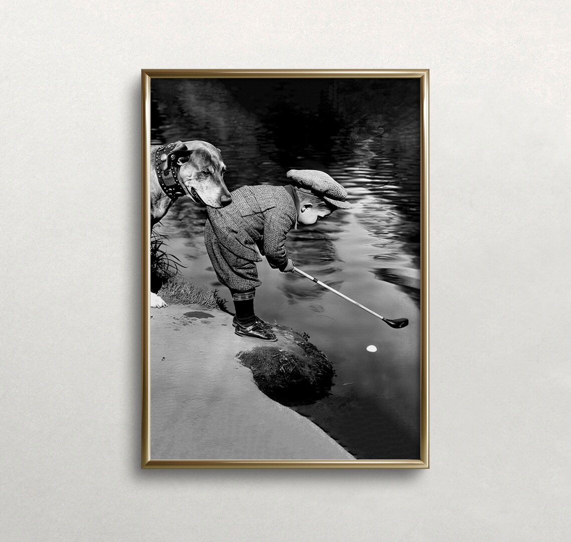 Vintage Boy Playing Golf, Black and White Art Print