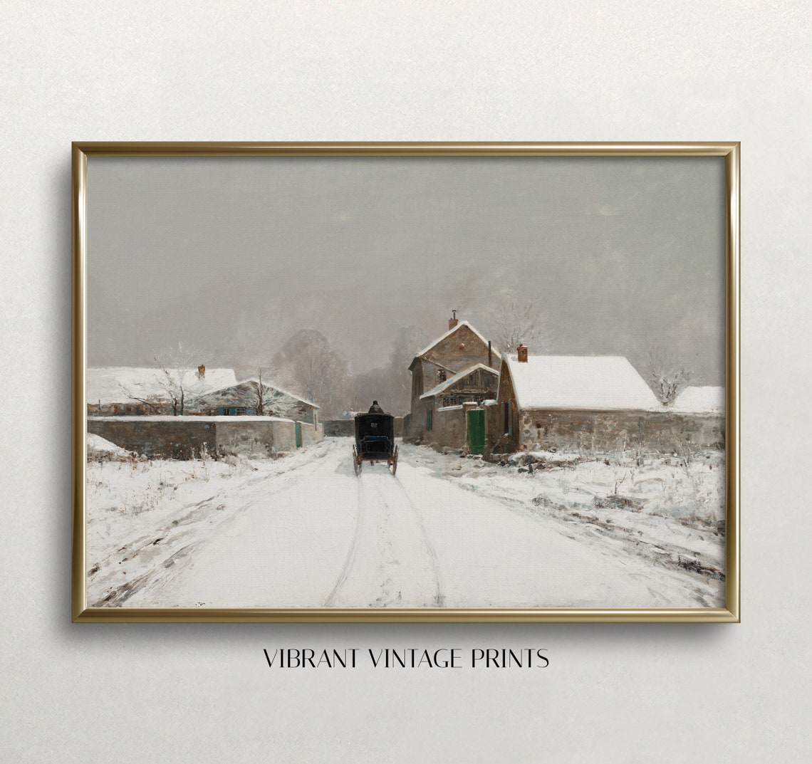 Snowy Village Street Horse Carriage Muted Winter Landscape Print