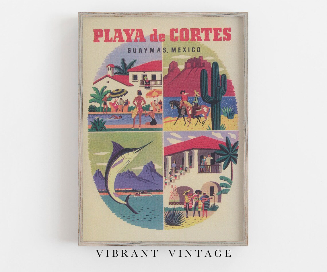 Playa De Cortes, Mexico Vintage Travel Poster