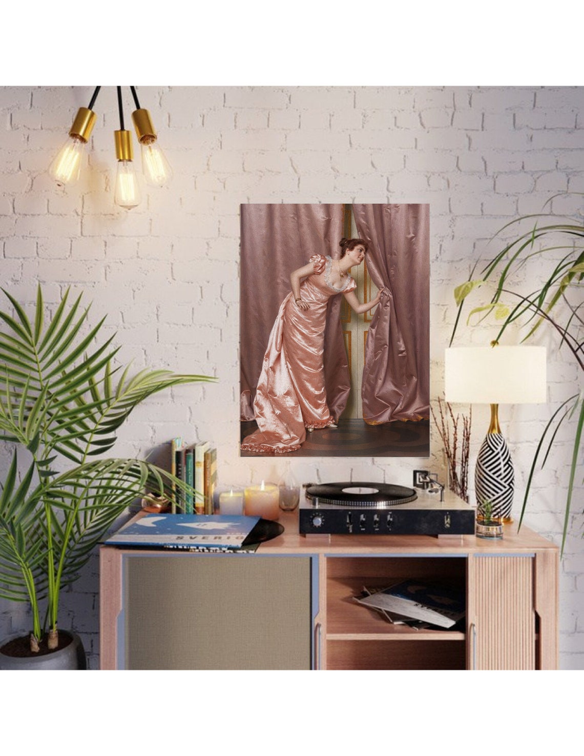 Regency Woman Pink Satin Gown Peeking Through Curtains Wall Art - Image 3