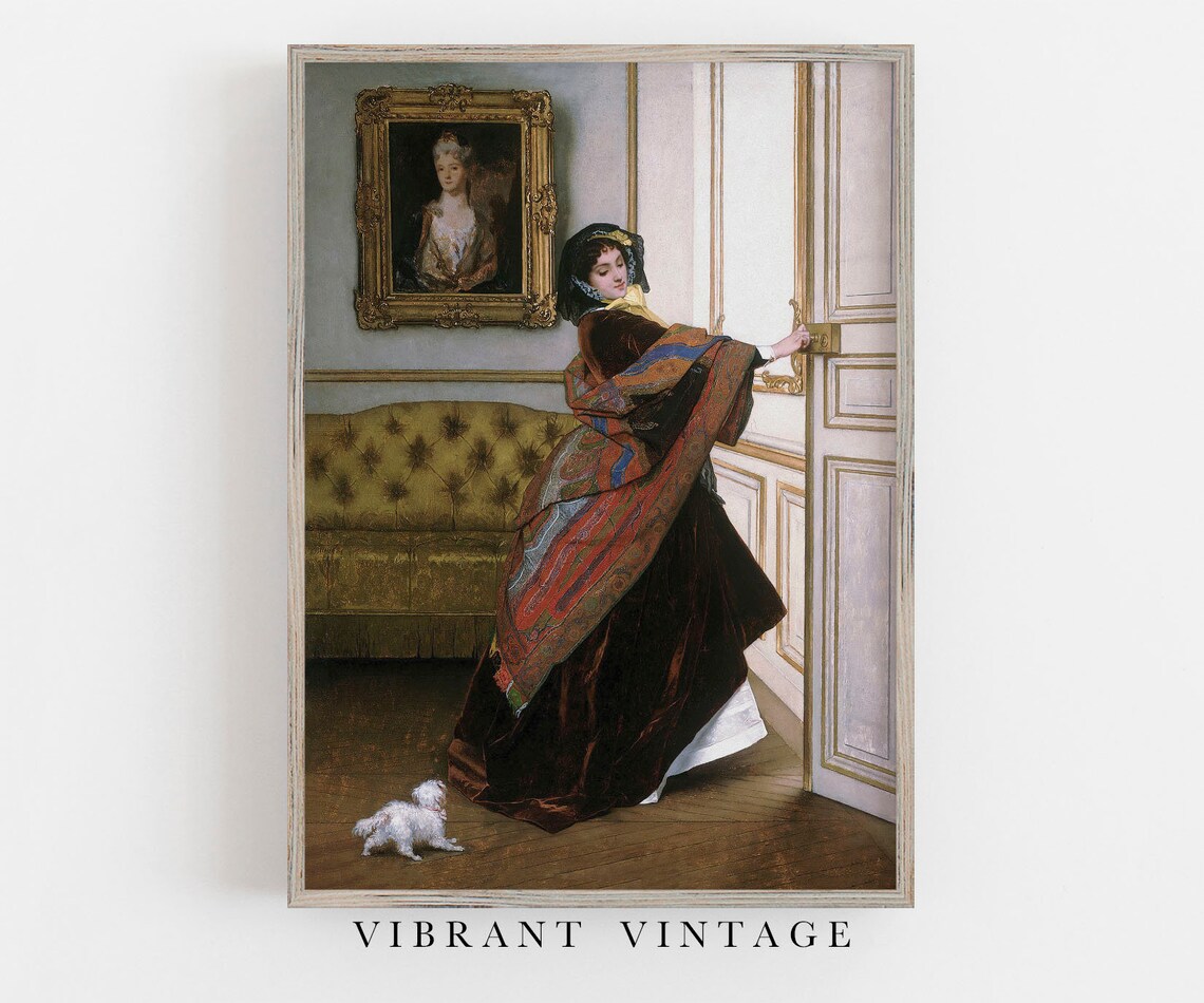 Victorian Lady Opening Door Little White Dog Vintage Art Print