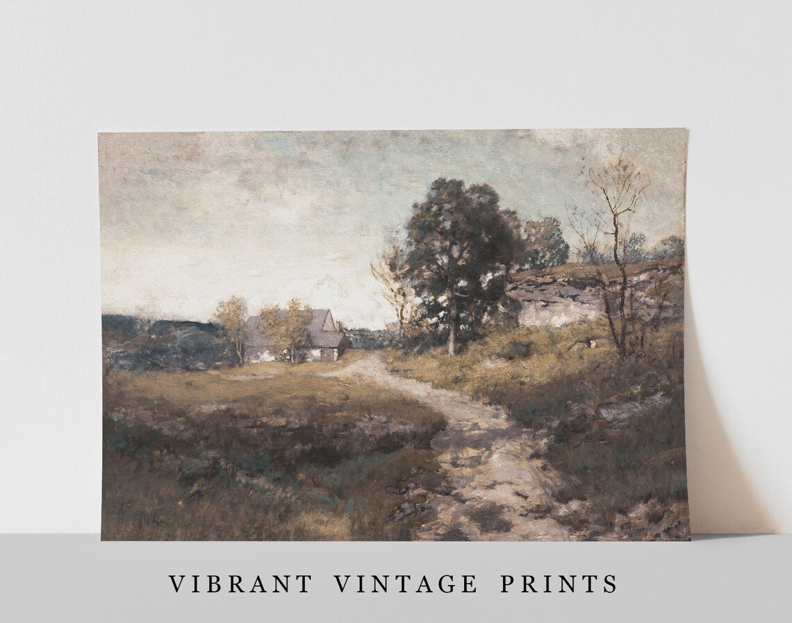 Muted Country Cottage Landscape Vintage Moody Oil Painting Wall Art - Image 3