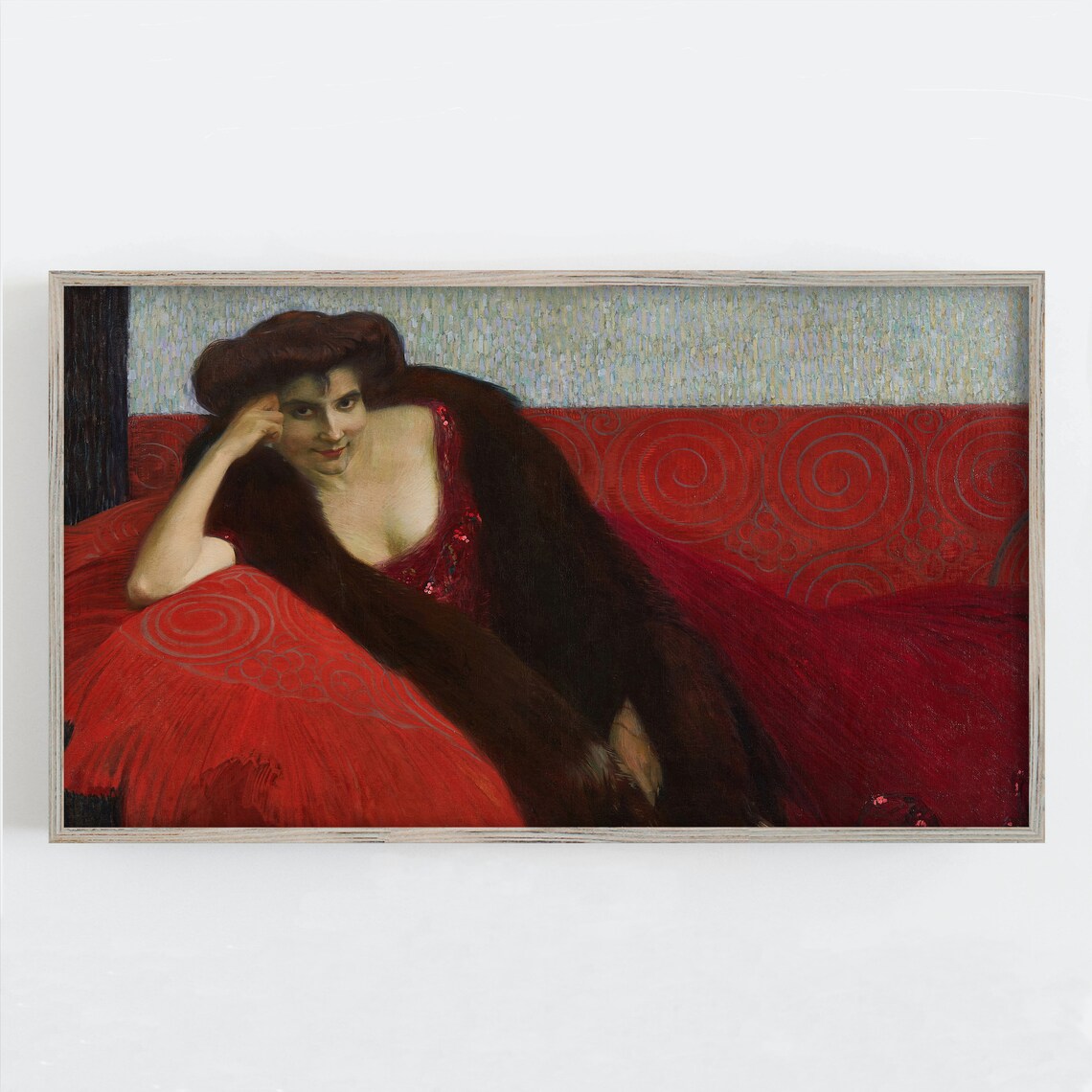 Woman in Red Dress Reclining on Red Couch Moody Vintage Painting Poster - Image 2