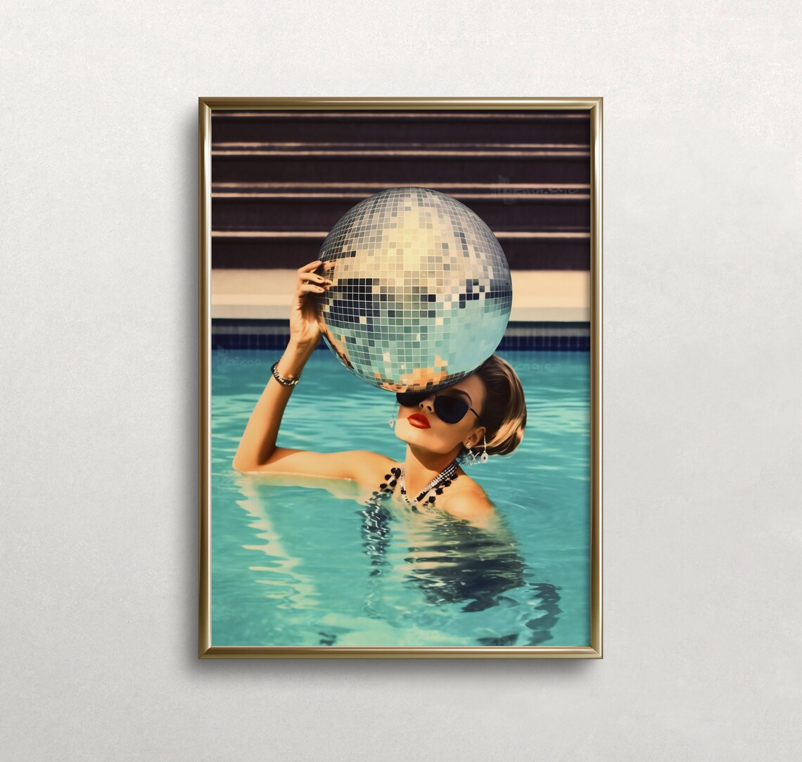 Woman Holding Disco Ball in Pool Retro Glam Summer Trendy Photo Poster